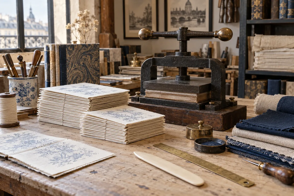 Presse ancienne et cahiers de papier dans un atelier du livre