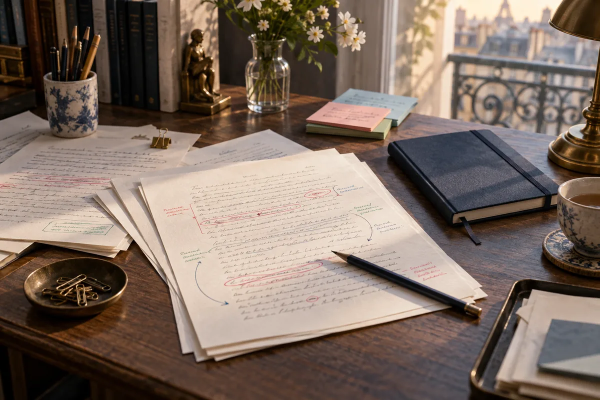 Manuscrit annoté, carnet et crayons sur une table de travail