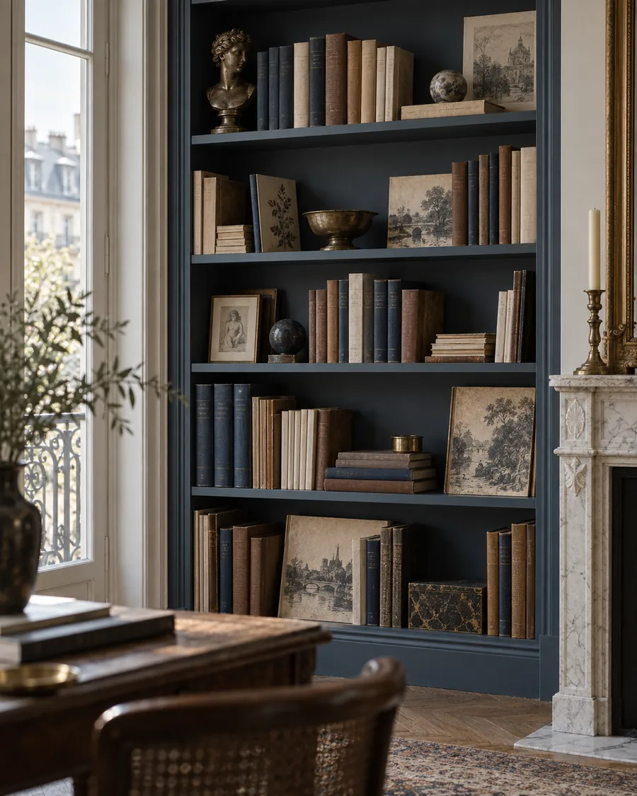 Bibliothèque parisienne aux livres de formats variés