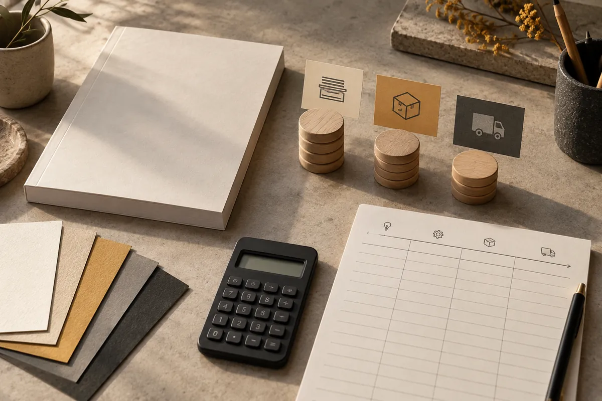 Illustration d’un livre, d’un tableau de coûts et d’une calculatrice