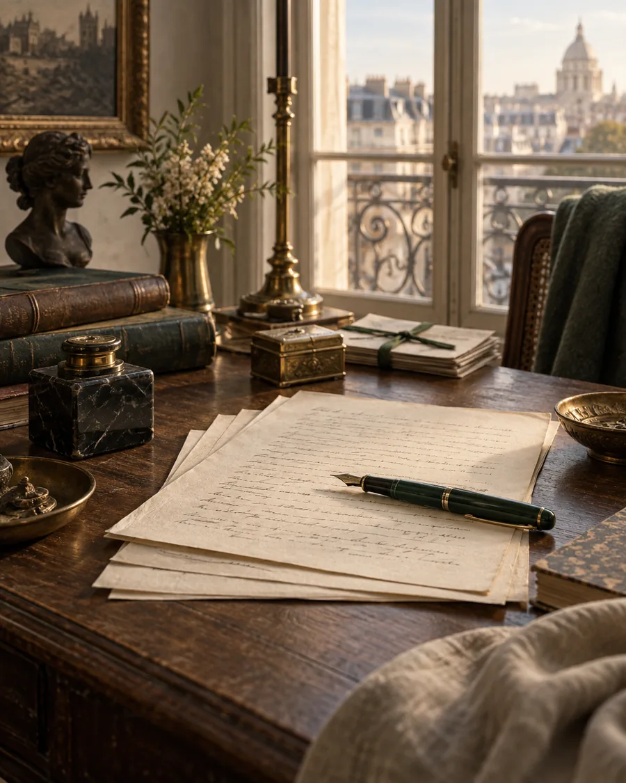 Illustration d’un manuscrit et d’une plume sur un bureau