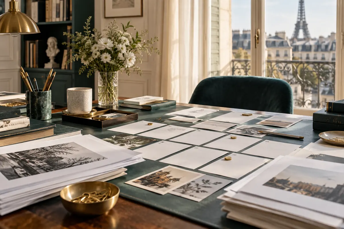 Planning éditorial disposé sur une table