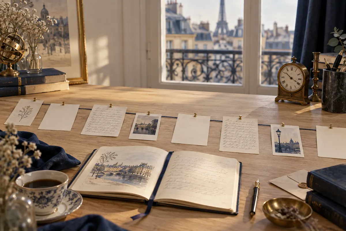 Fiches de scènes reliées comme une frise chronologique