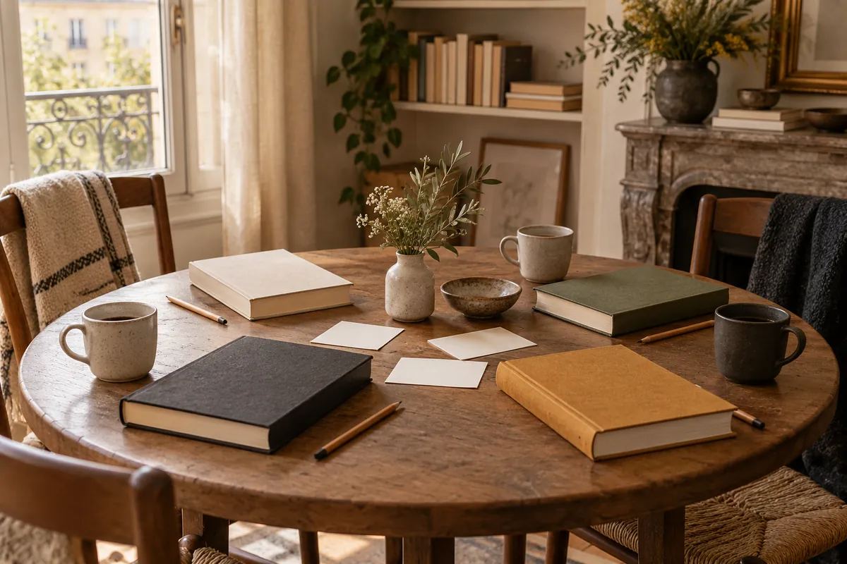 Illustration de livres et de cartes de discussion sur une table