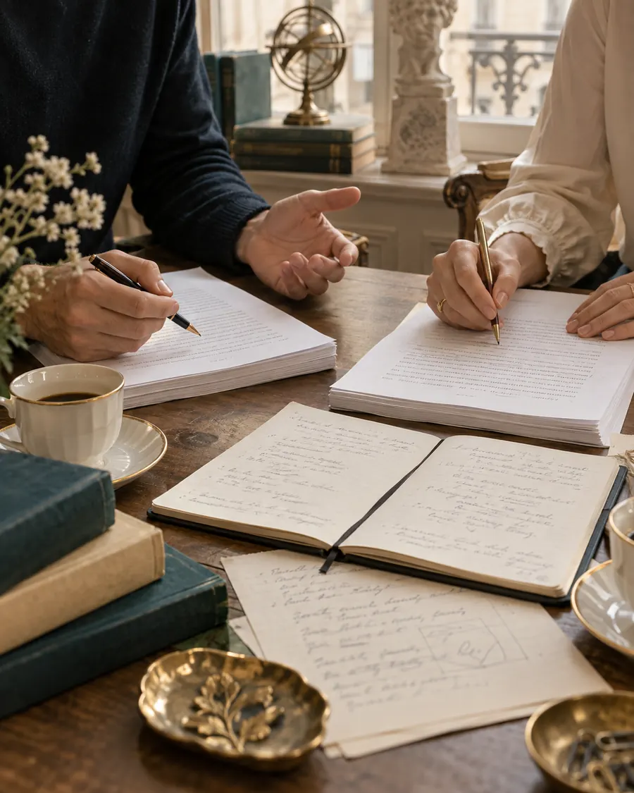 Deux auteurs travaillent ensemble sur un manuscrit