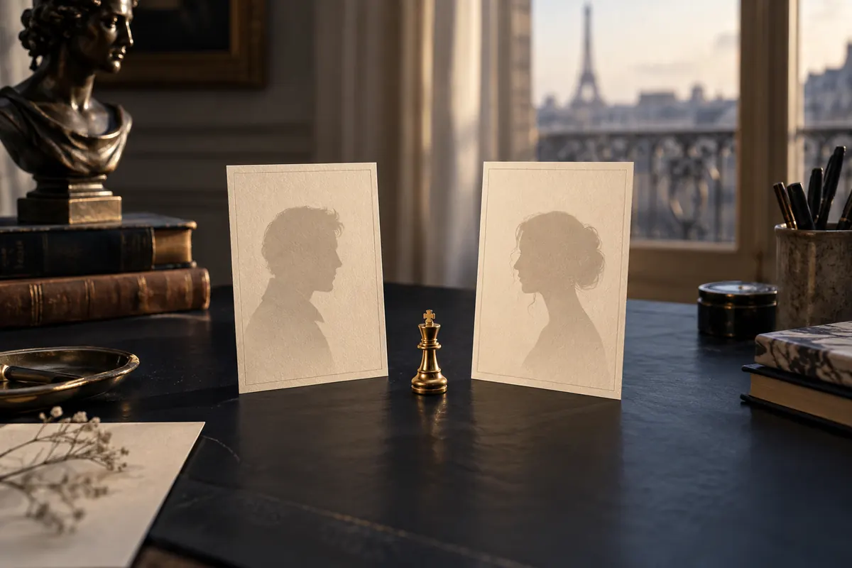 Deux fiches de personnages séparées par une pièce de jeu