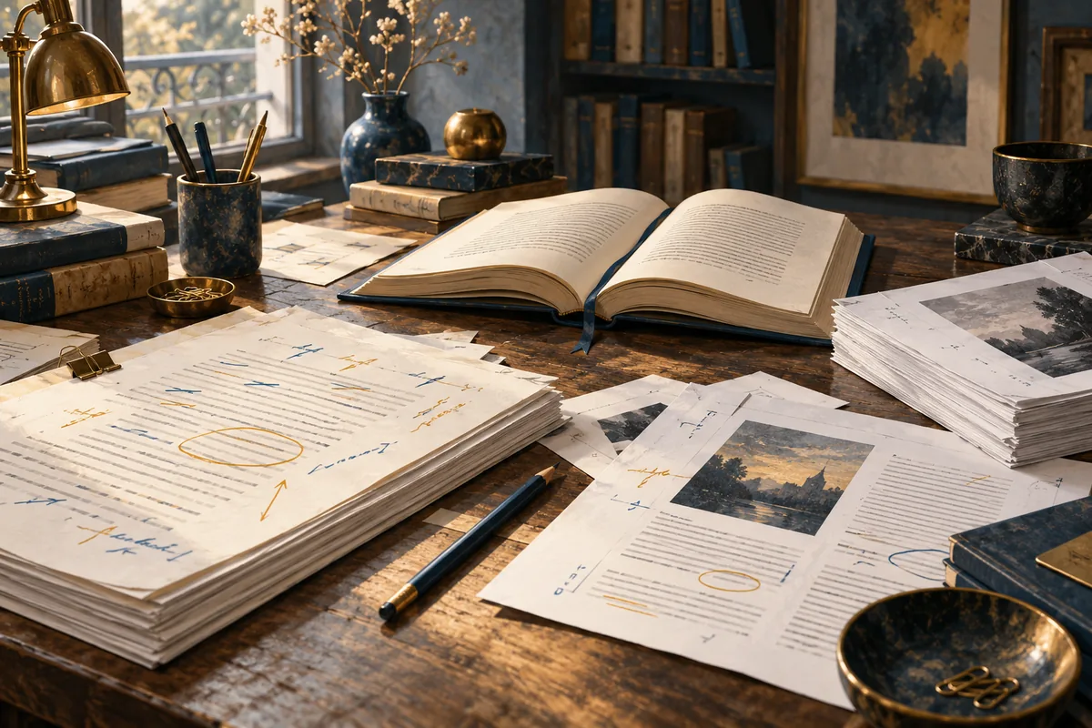 Feuillets de manuscrit annotés et épreuves ouverts sur une table