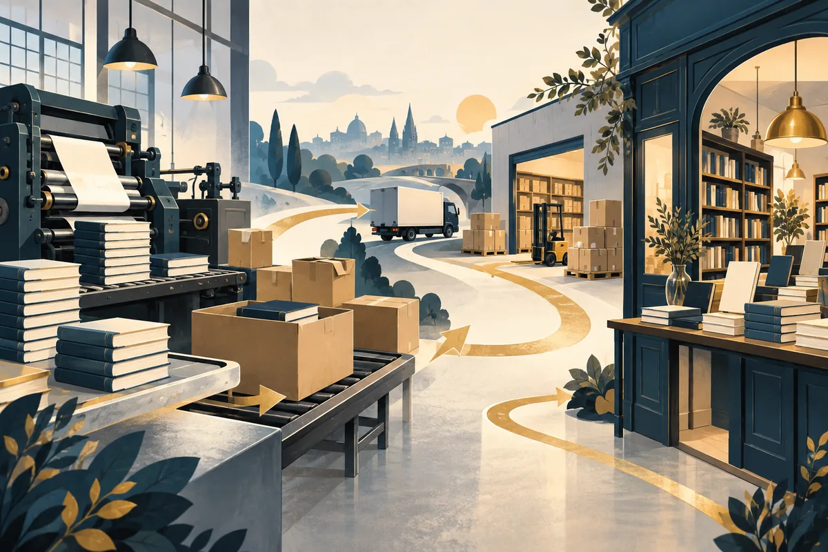 Parcours illustré de livres entre fabrication, transport et librairie