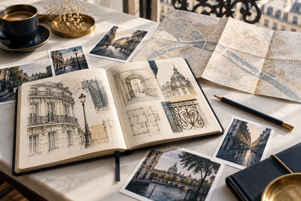 Carnet de repérage et images de lieux disposés sur une table