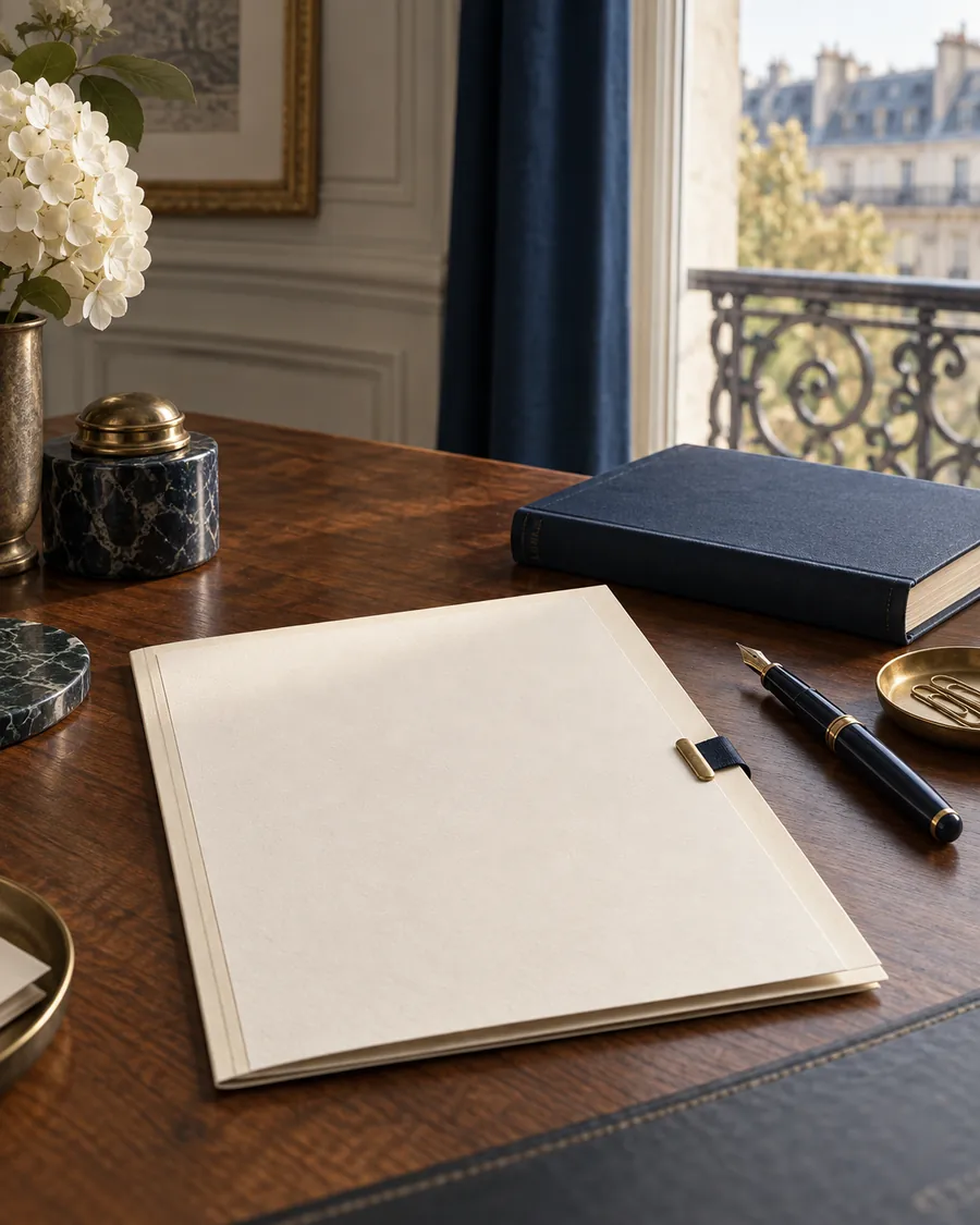 Dossier vierge et plume sur un bureau de travail