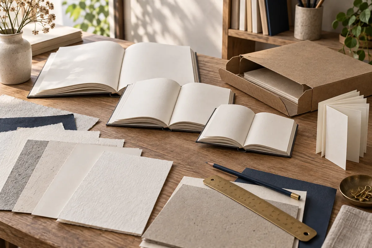 Illustration de maquettes de livres, papiers et emballage sobre sur une table de travail