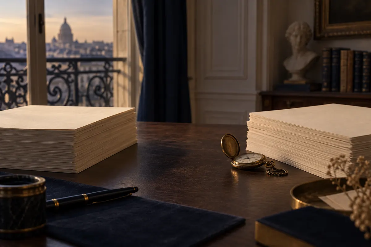 Espace entre deux piles de pages de manuscrit près d’une montre