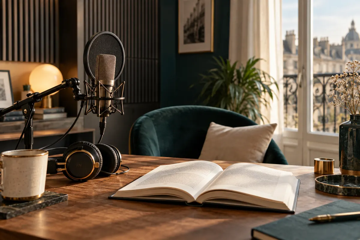 Microphone, casque et livre ouvert dans un studio