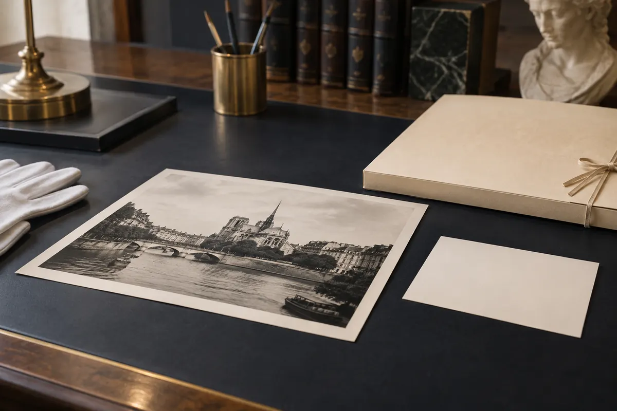 Photographie ancienne posée près d’une fiche de provenance