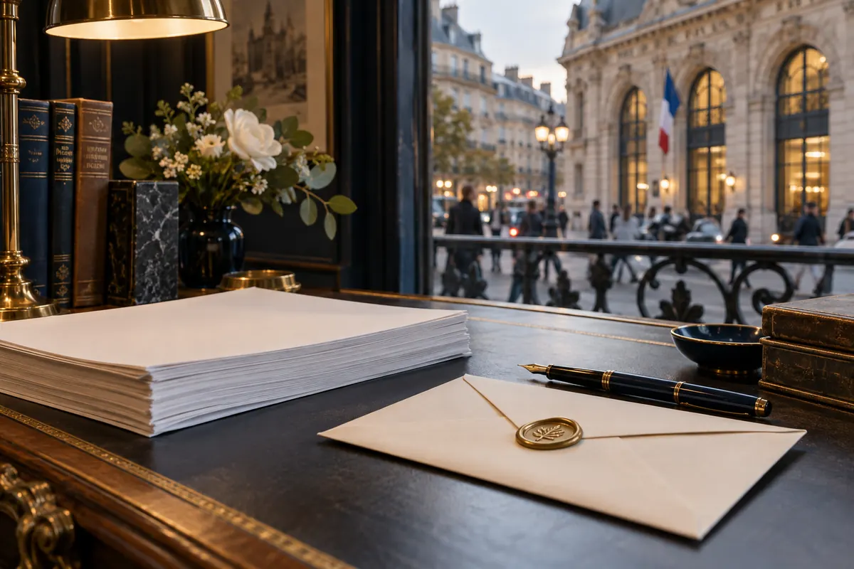 Enveloppe et pages de manuscrit rangées près d’une plume