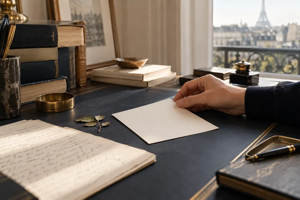 Lettre de travail vierge près d’un manuscrit et d’une feuille séchée
