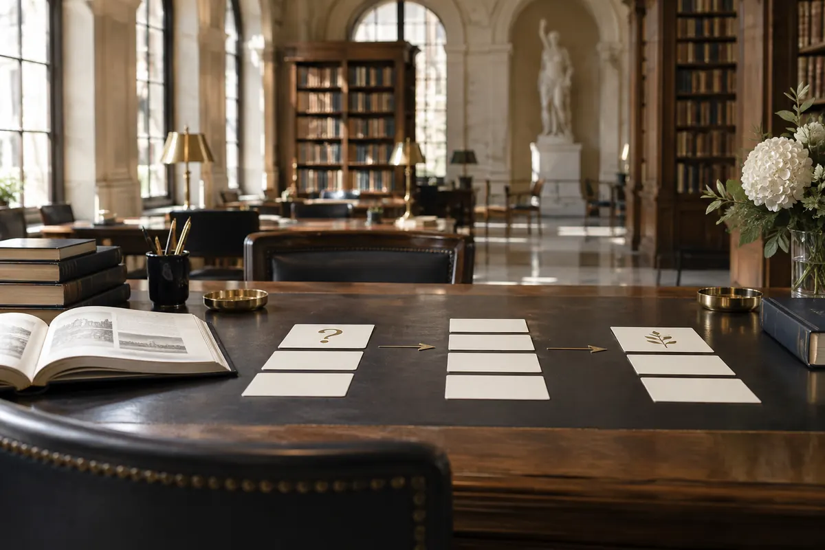 Fiches de chapitres et livre de référence sur une table de bibliothèque