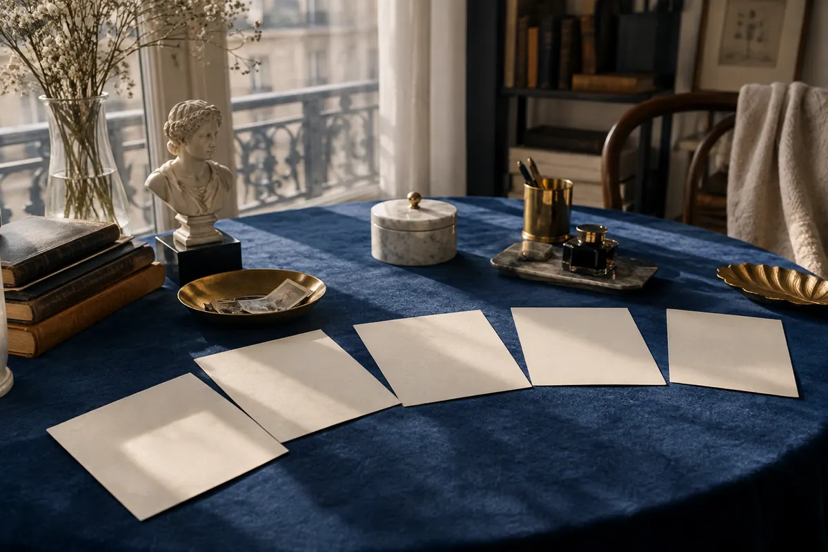 Feuillets de poésie disposés en arc sur une table bleu nuit