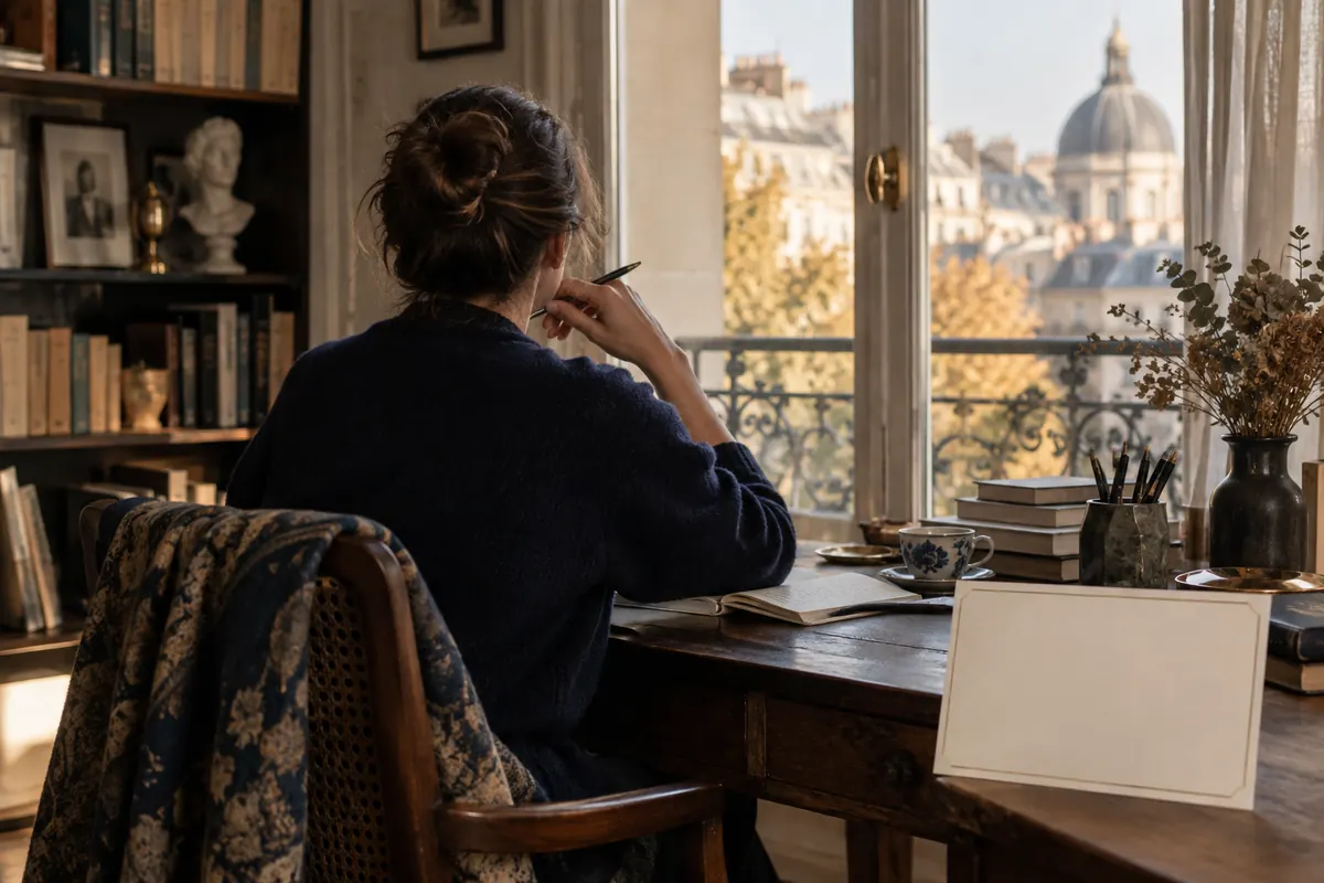 Personne écrivant de dos près d’une fenêtre parisienne