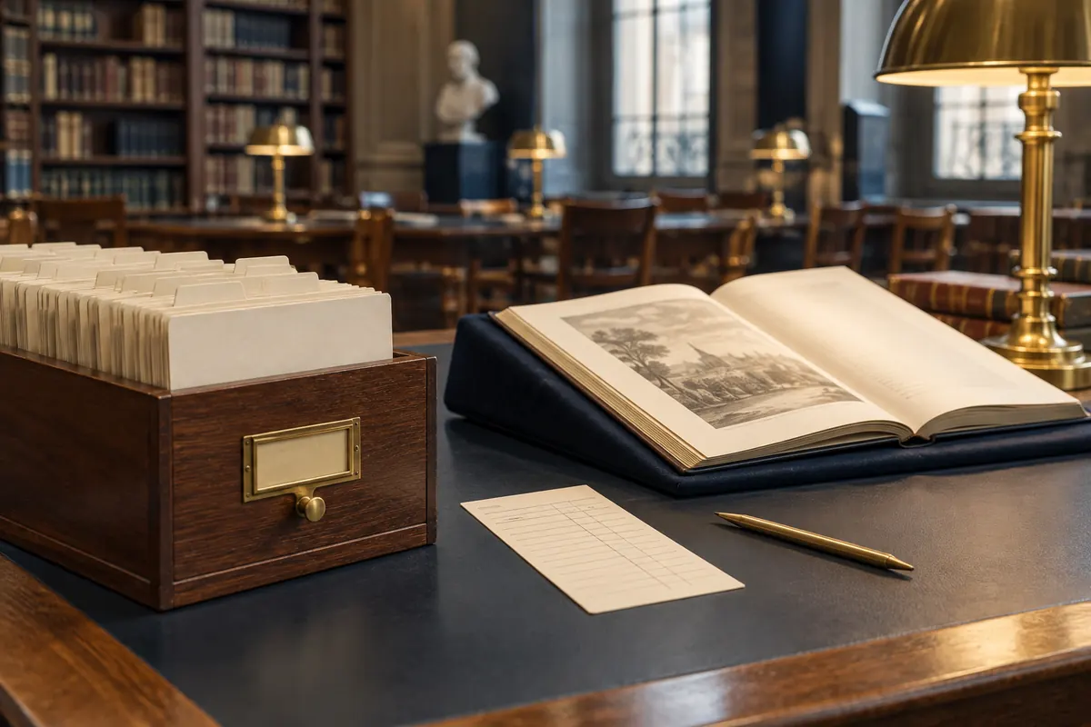 Fiches de sources et document ouvert dans une salle de lecture
