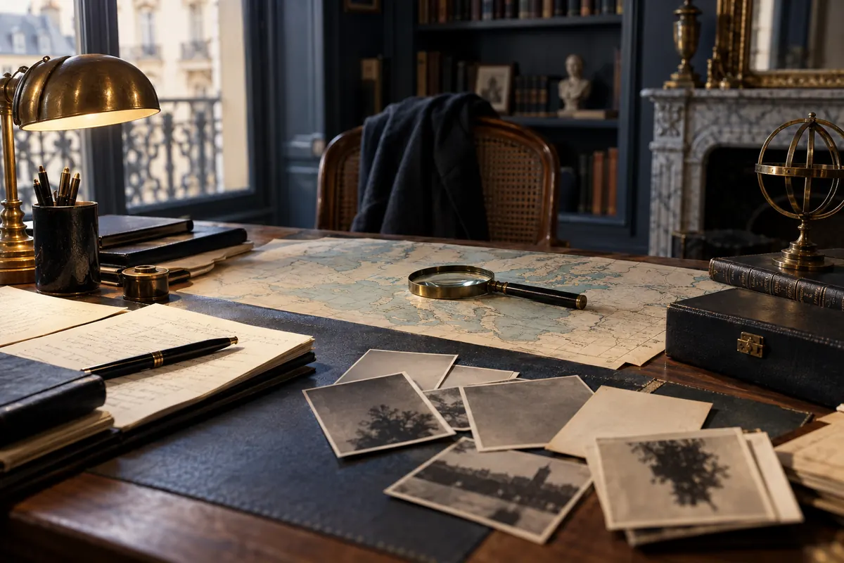 Documents de recherche, carte et loupe sur un bureau
