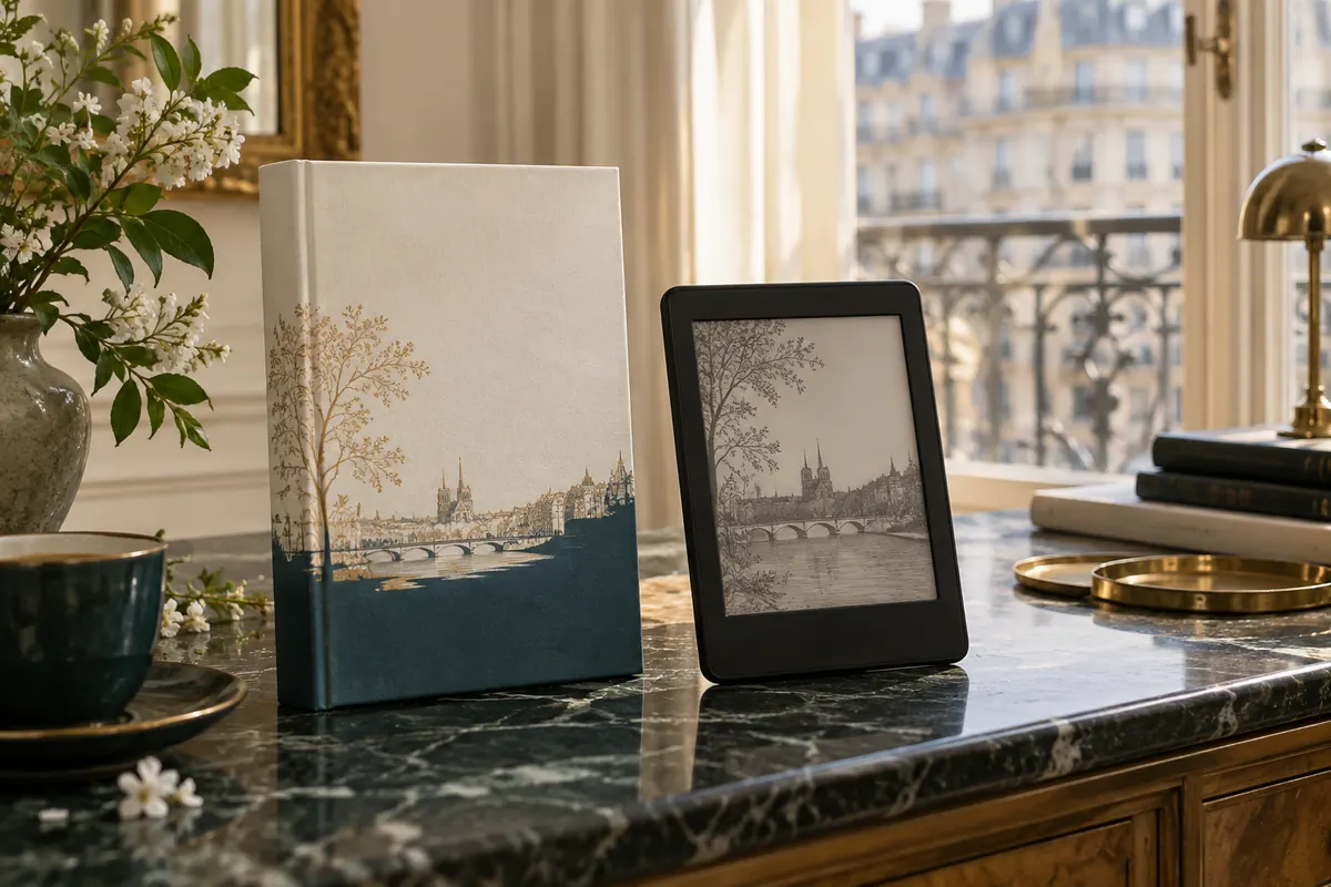 Livre papier et liseuse montrant deux formats de lecture
