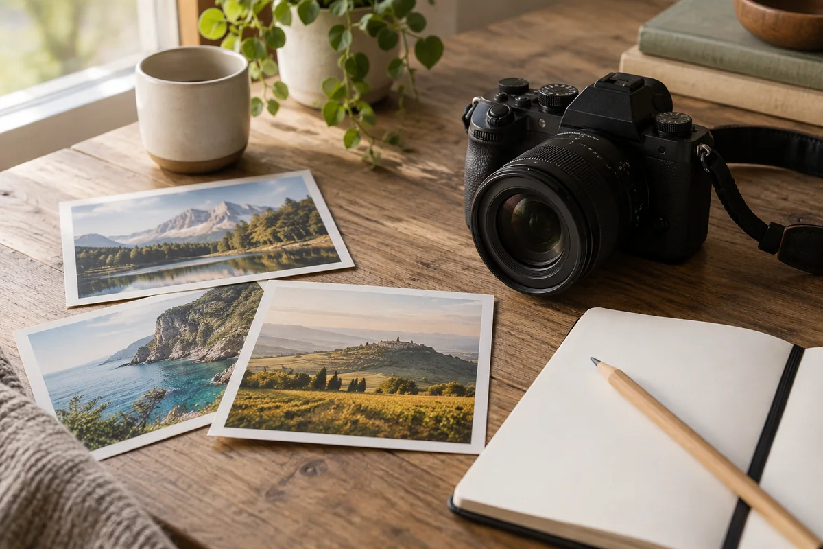Un appareil photographique sans marque près de tirages