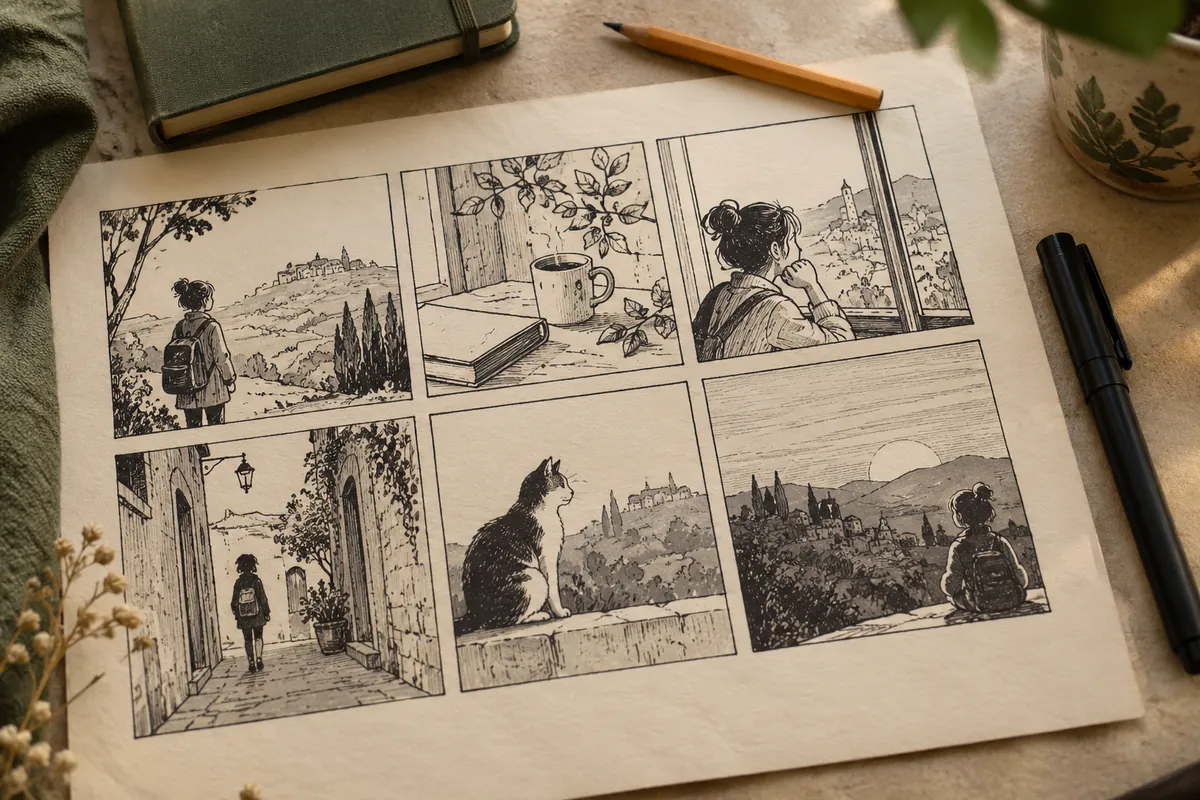 Planche de bande dessinée et dessins préparatoires sur une table