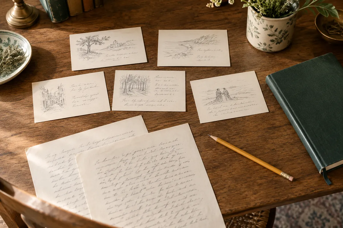 Cartes de scènes et feuilles de manuscrit organisées sur une table