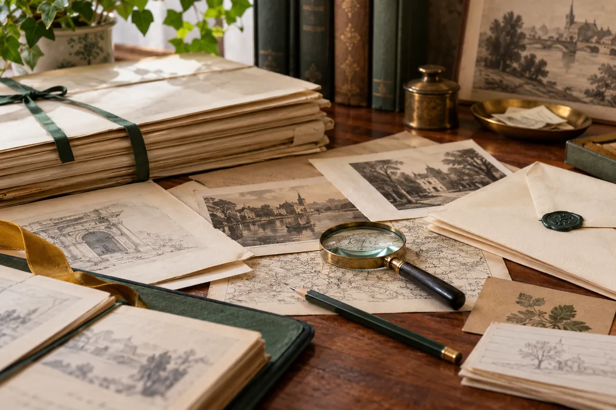 Documents de recherche, enveloppes et fiches de sources classés sur un bureau