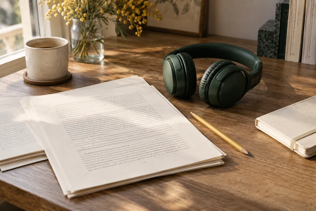 Casque d’écoute près de pages de manuscrit et d’un carnet