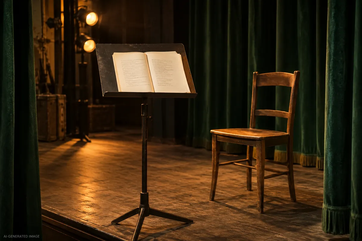 Texte de théâtre sur un pupitre dans une salle de répétition imaginaire