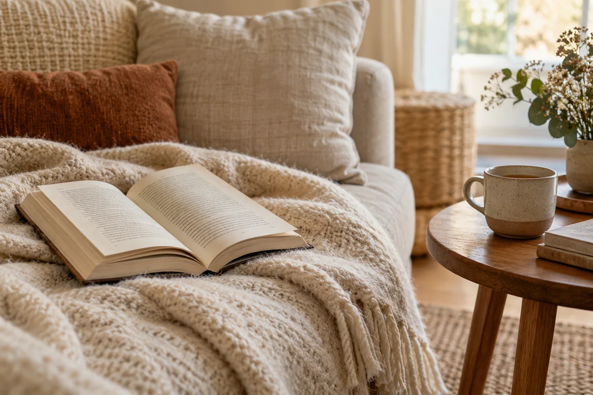 Un livre ouvert sur une couverture près d’une tasse