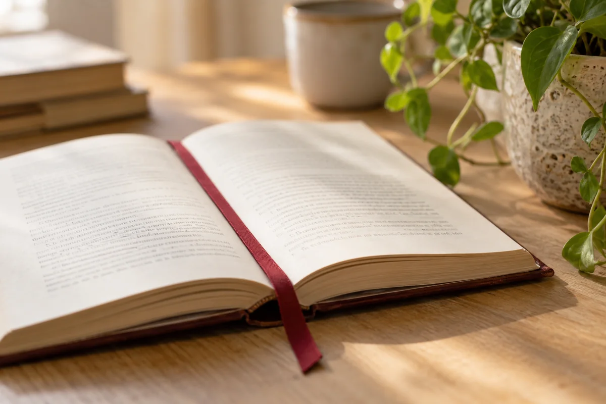 Un livre ouvert et un ruban marque-page près d’une plante