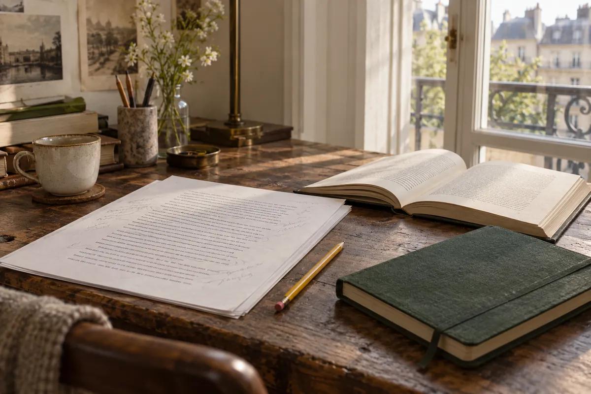 Manuscrit annoté et livres sur un bureau de lecture éditoriale