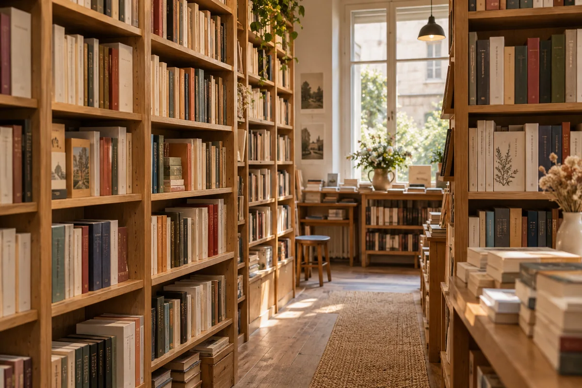 Des livres sur les rayons d’une librairie imaginaire