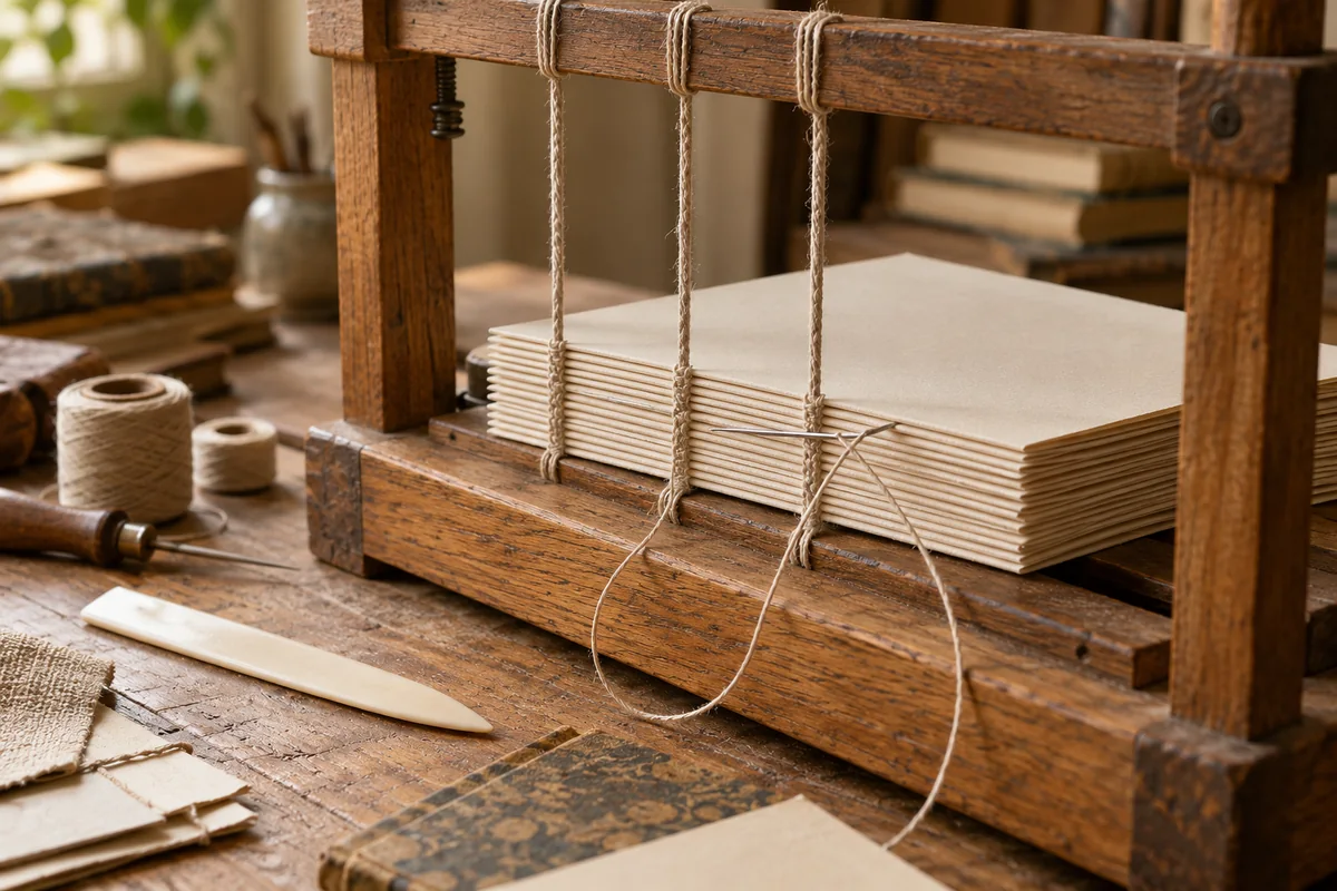 Un livre en cours de reliure sur un cousoir