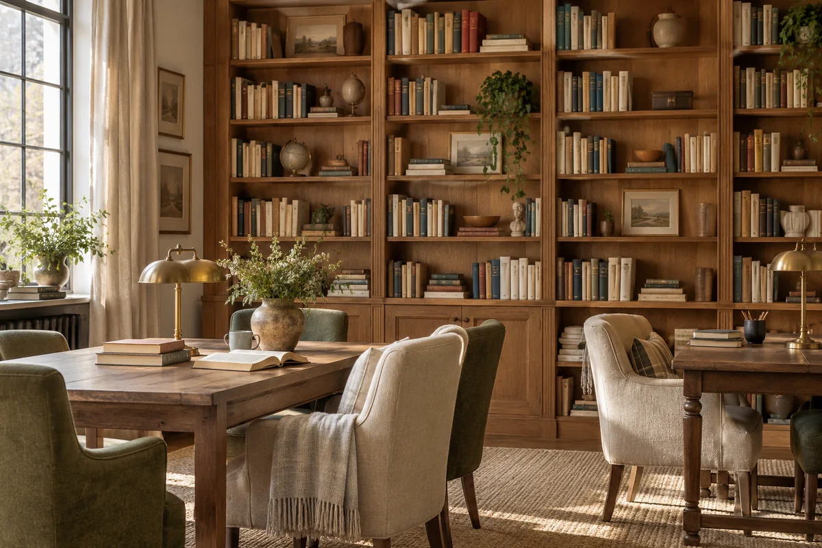 Tables et fauteuils dans une salle de lecture imaginaire