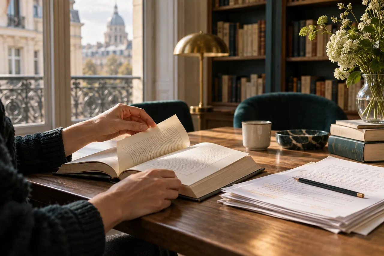 Lecture d’un livre et de ses épreuves dans une bibliothèque