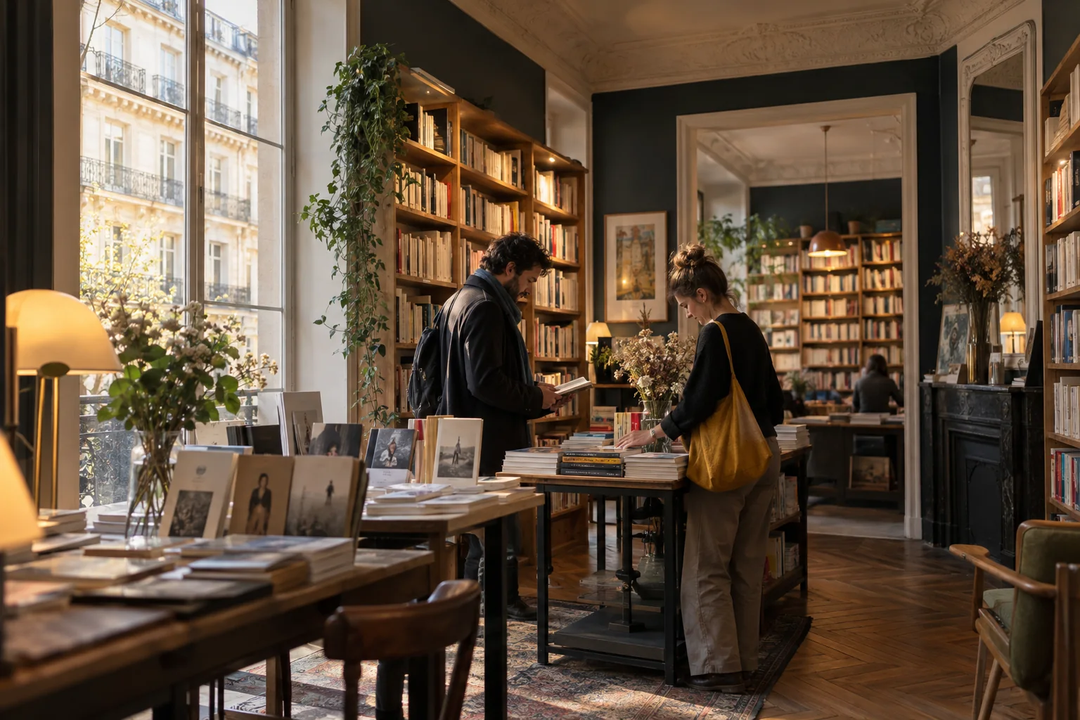 Lecteurs parcourant des ouvrages dans une librairie parisienne, photographie d’illustration