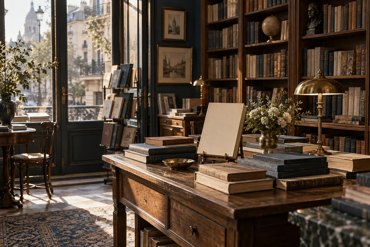 Illustration d’une table de livres dans une librairie