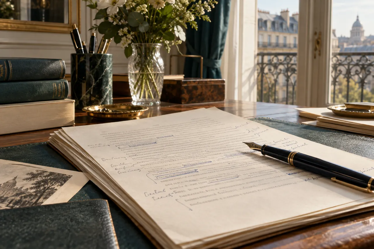 Manuscrit annoté sur une table de travail parisienne