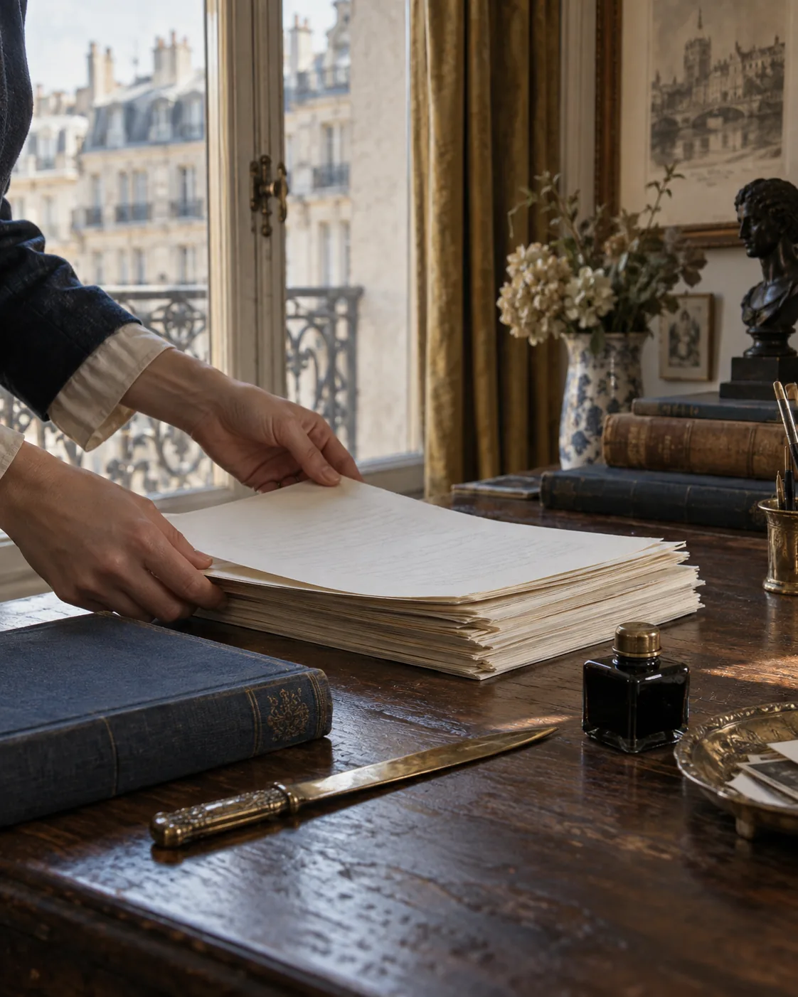 Mains préparant un manuscrit sur une table