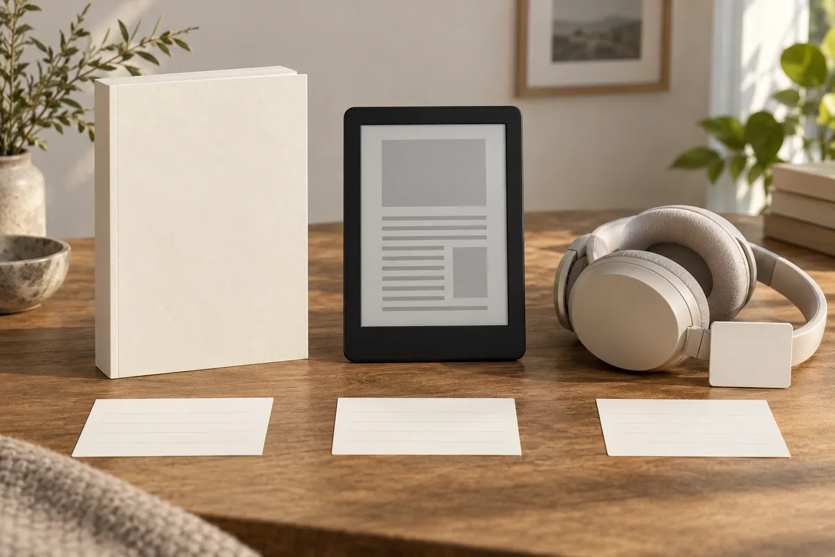 Illustration des formats papier, numérique et audio d’un livre sans titre