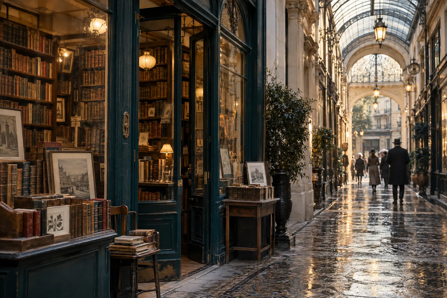 Illustration d’un passage parisien avec une librairie