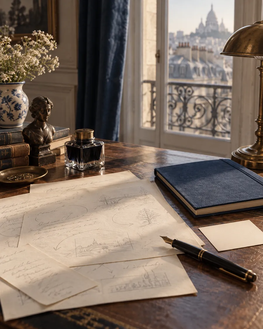 Carnet et plan de récit disposés sur une table de travail
