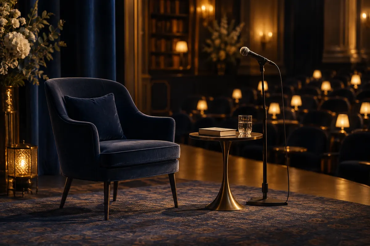 Chaise et microphone prêts pour une lecture littéraire