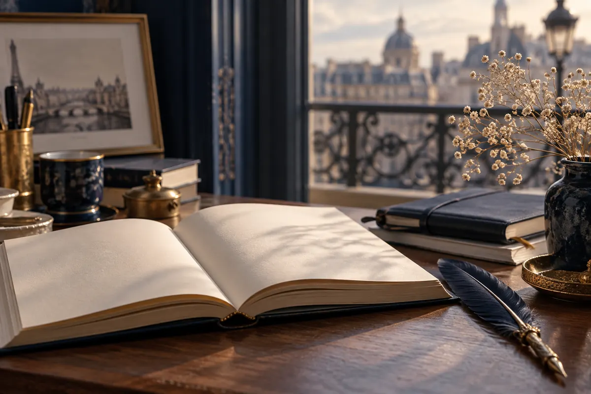 Livre ouvert sur ses premières pages avec carnet et plume