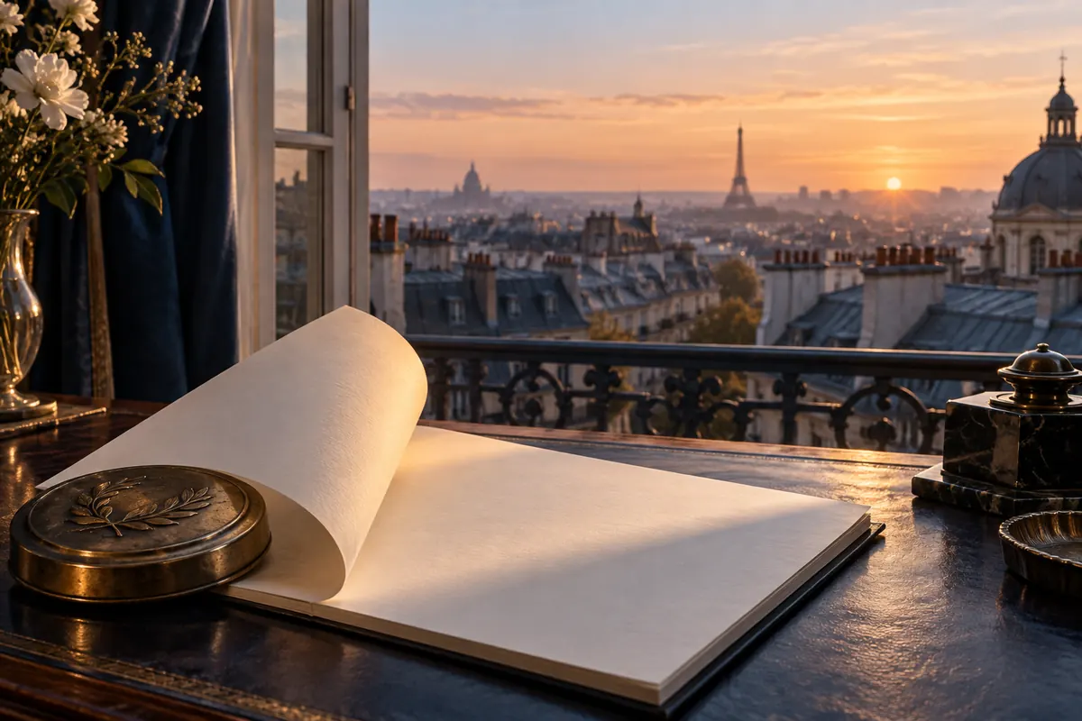 Première page de manuscrit soulevée à la lumière du matin