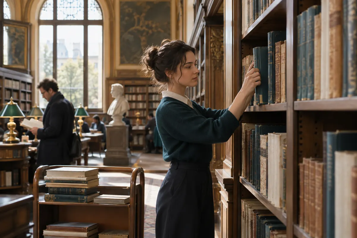 Recherche d’un livre entre rayonnages et table de lecture